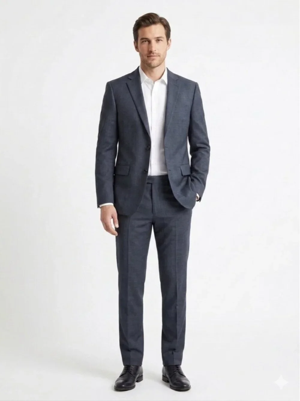 Saks Fifth Avenue Mens Trim Fit Slate Blue 100% Wool 2 Piece Suit Trousers Pants